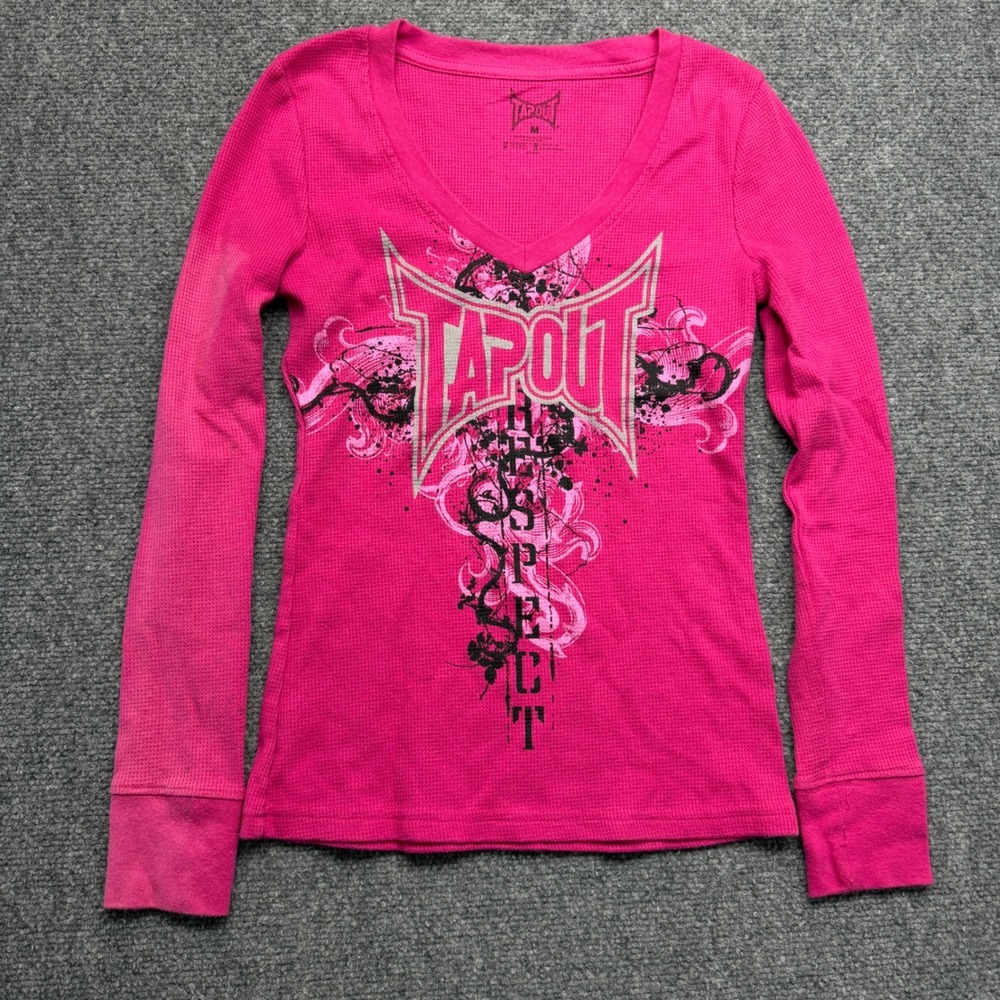 Tapout Womens Pink V-Neck Waffle Knit Thermal Long Sleeve Graphic Top Size M